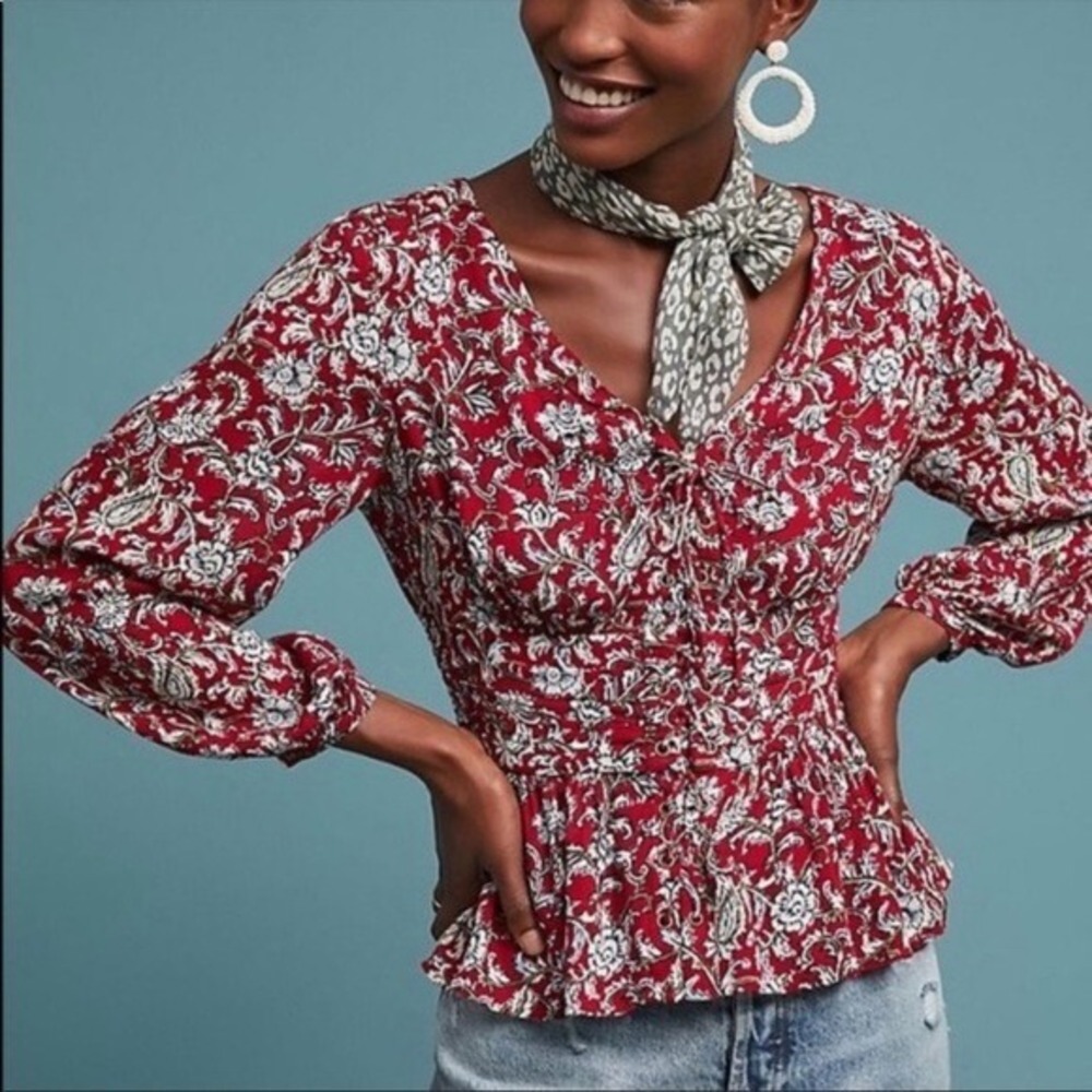 Anthropologie Feather Bone Red Floral Paisley Smocked Lace‎ Up Peplum Blouse 10